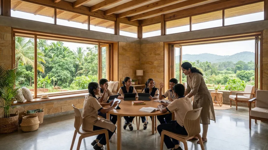 Students learning with a teacher in a bright, airy classroom of a sustainable school campus in Karnataka