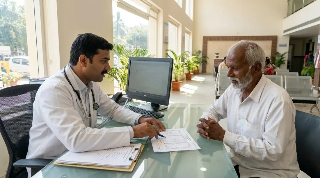 A doctor consulting an elderly Karnataka farmer at a modern multi-specialty hospital