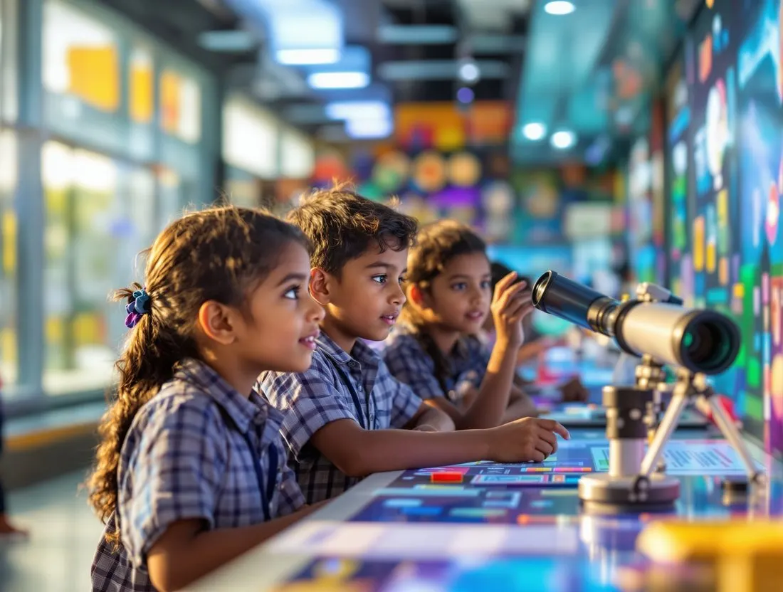Schoolchildren exploring hands-on exhibits at a science centre