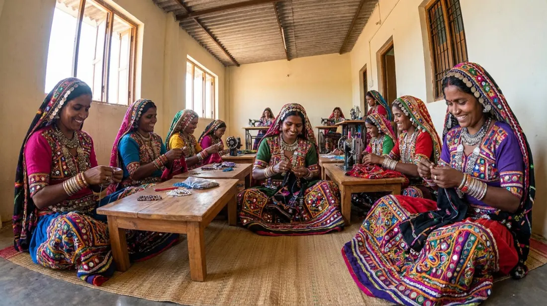Lambani women of North Karnataka in traditional embroidered dress at a craft and livelihood skills session